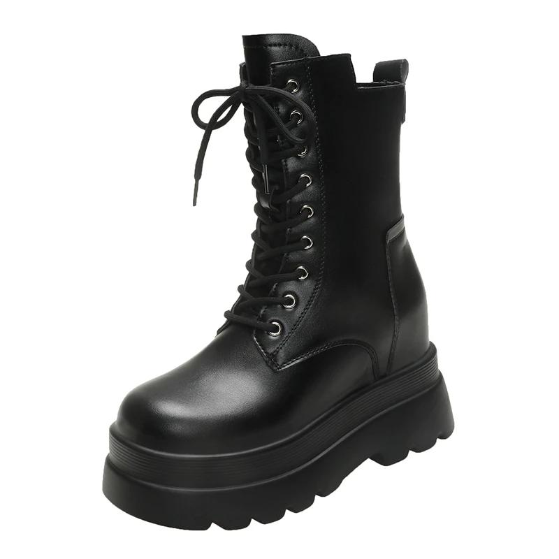 Fashion 9CM 2024 New Women Winter Ankle Boots Heels Chunky Leather Shoes High Platform Snow Boots Woman Lace-up Short Boot Zapatos Mujer
