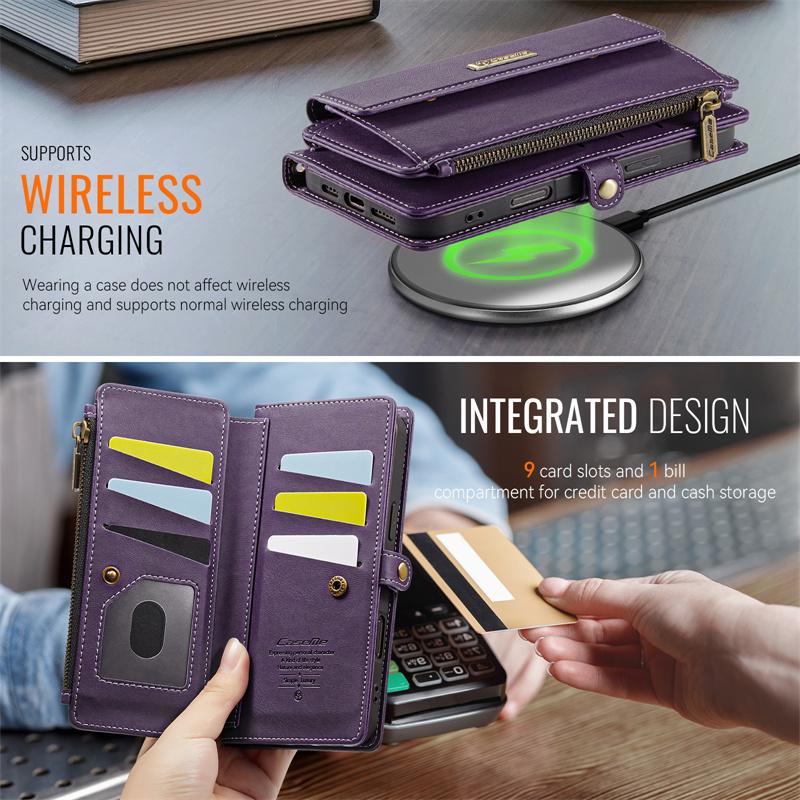 CaseMe Flip Leather Phone Case for iPhone 17 Pro Max 17E Air 16 Plus 16E 15 14 13 12 11 X XS XR SE 2022 8 Long Lanyard Zipper Wallet Multi Card Cover