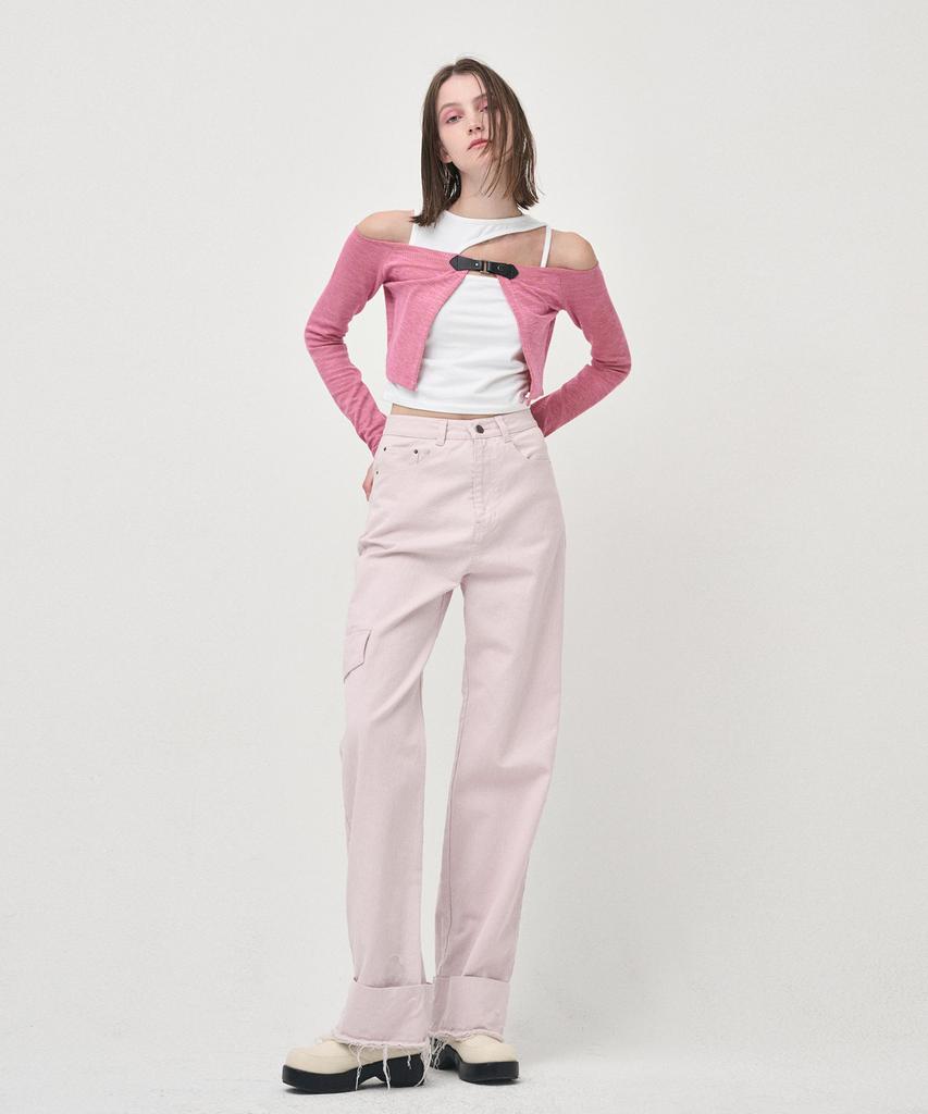 ETMON Pocket Denim Turn Up Pants, Pink