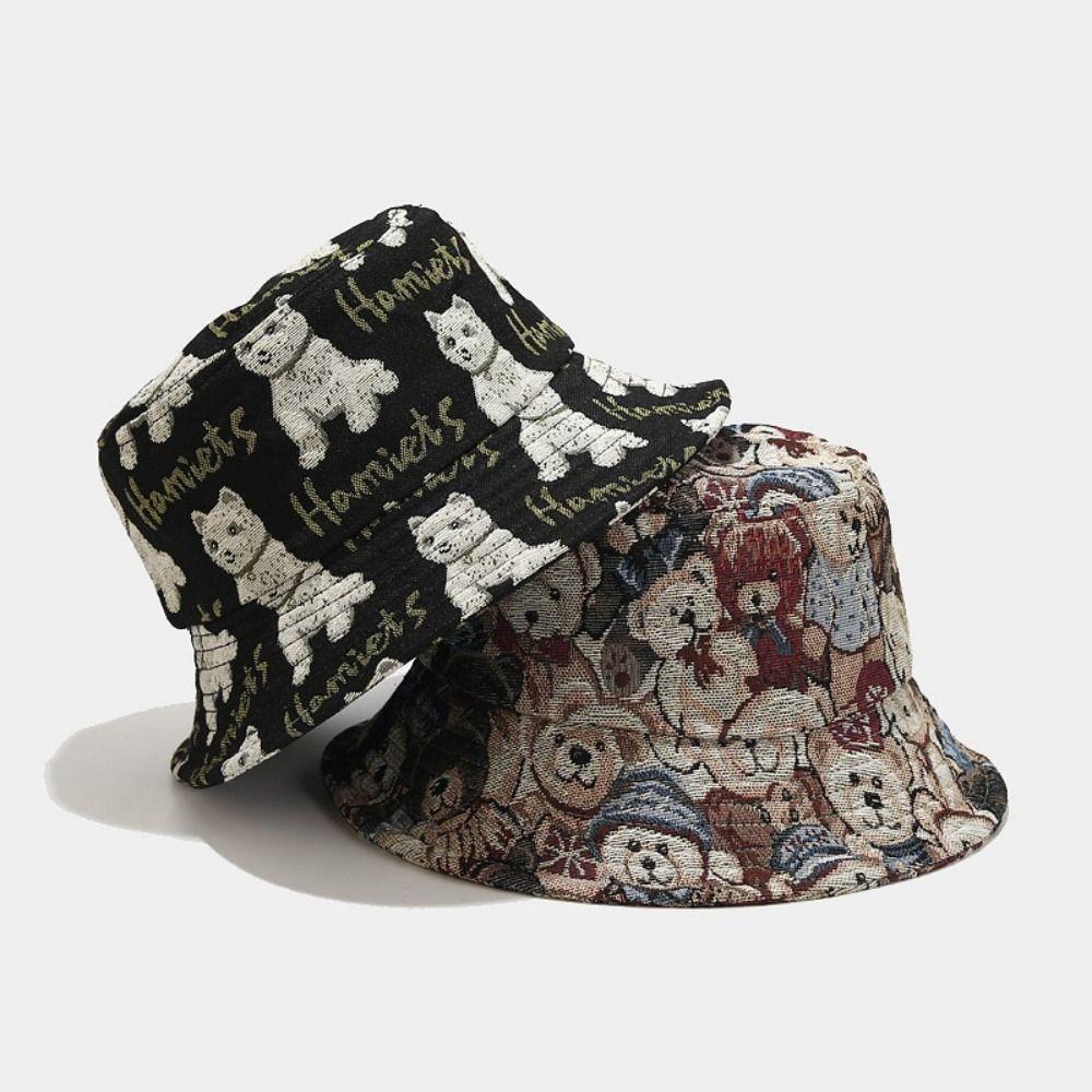 Cute Cartoon Bear Embroidery Fisherman Hat Wide Brim Adjustable Panama Hat Breathable Anti UV Bucket Hat for Women