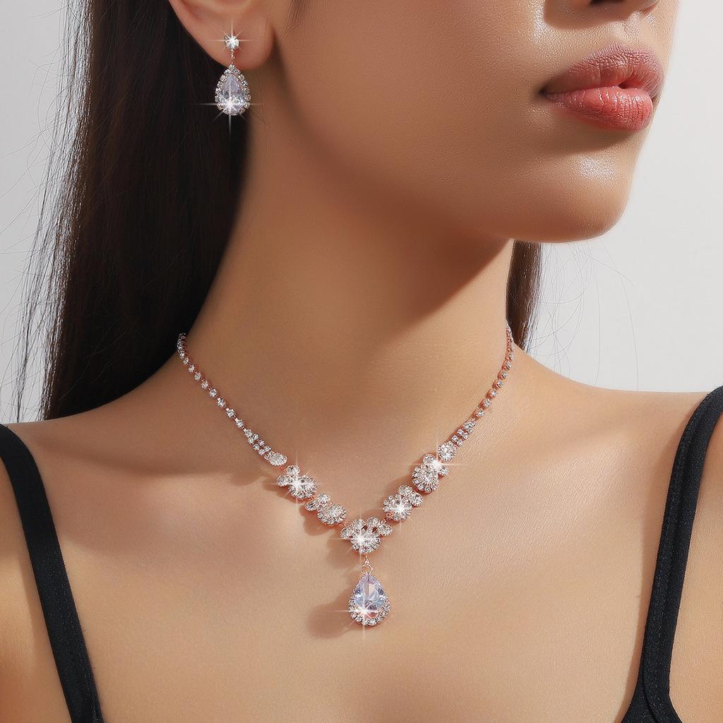 3PC Wedding Season Women's Fashion Copper Inlaid Claw Chain Water Drop Necklace Earring Set Wedding Banquet Party Holiday Gift
