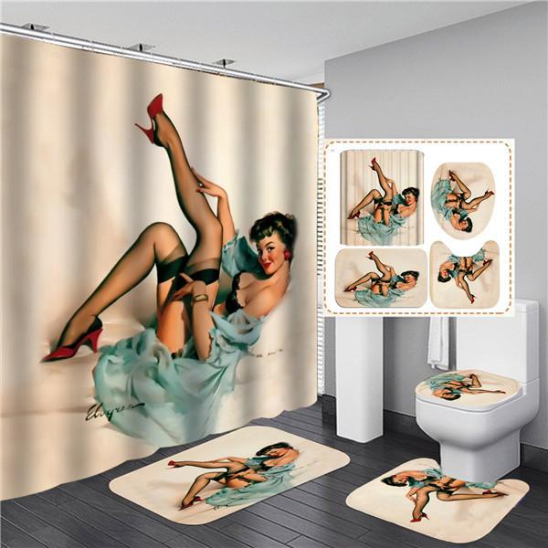 Beauty Sexy Woman Girl Shower Curtain Waterproof Bath Curtain Set No Slip Floor Mat Bathroom Carpet Toilet Lid Cover Carpet Rugs