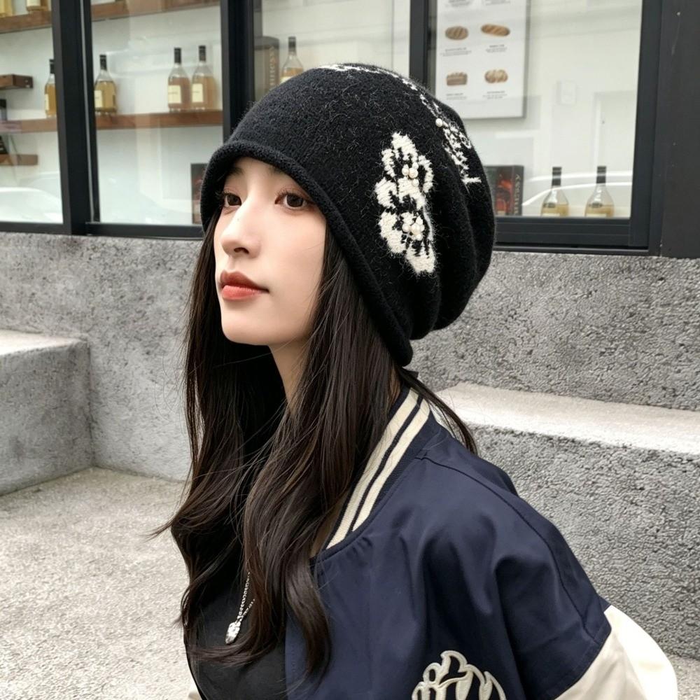 Ear Protection Jacquard Knit Hat Stretchy Flower Pattern Knitted Pile Cap  Casual