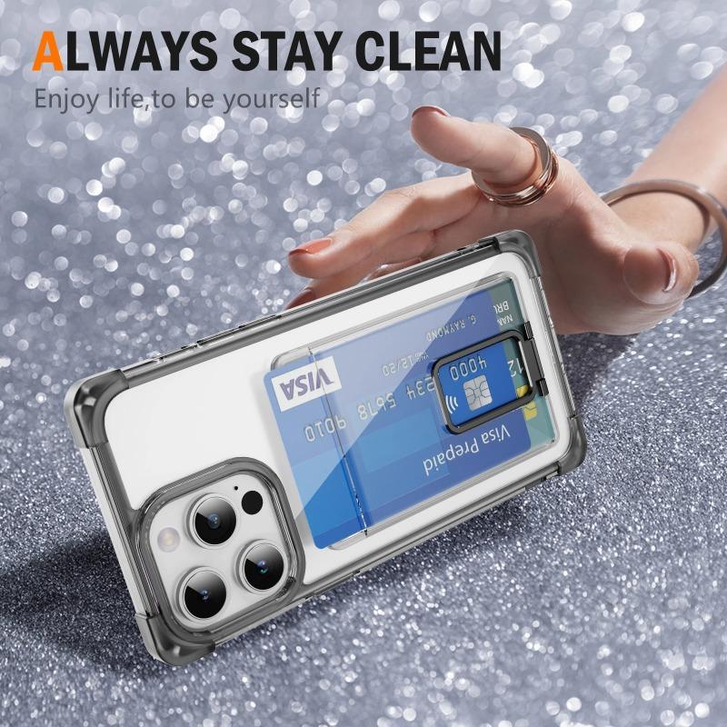 Capa de celular transparente com suporte para cartão de acrílico à prova de choque para iPhone 15 14 13 12 11 Pro Max 15Plus 14Plus Metal Kicstand Bumper Cover