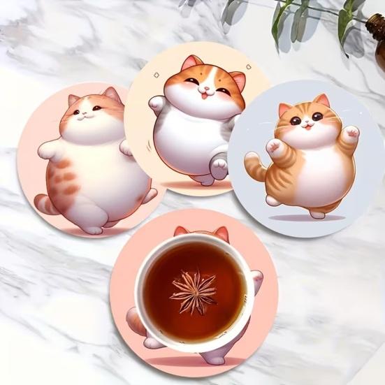 6Pcs Cute Wooden Cat Coaster, Cartoon Heat Insulation Mats for Table, Non Slip Drink Coasters for Coffee Cups