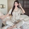Ice Silk Pajamas Women'S Casual Style Summer Thin Short-Sleeved Trousers Striped Style Simple Loungewear Can Be Worn Outside