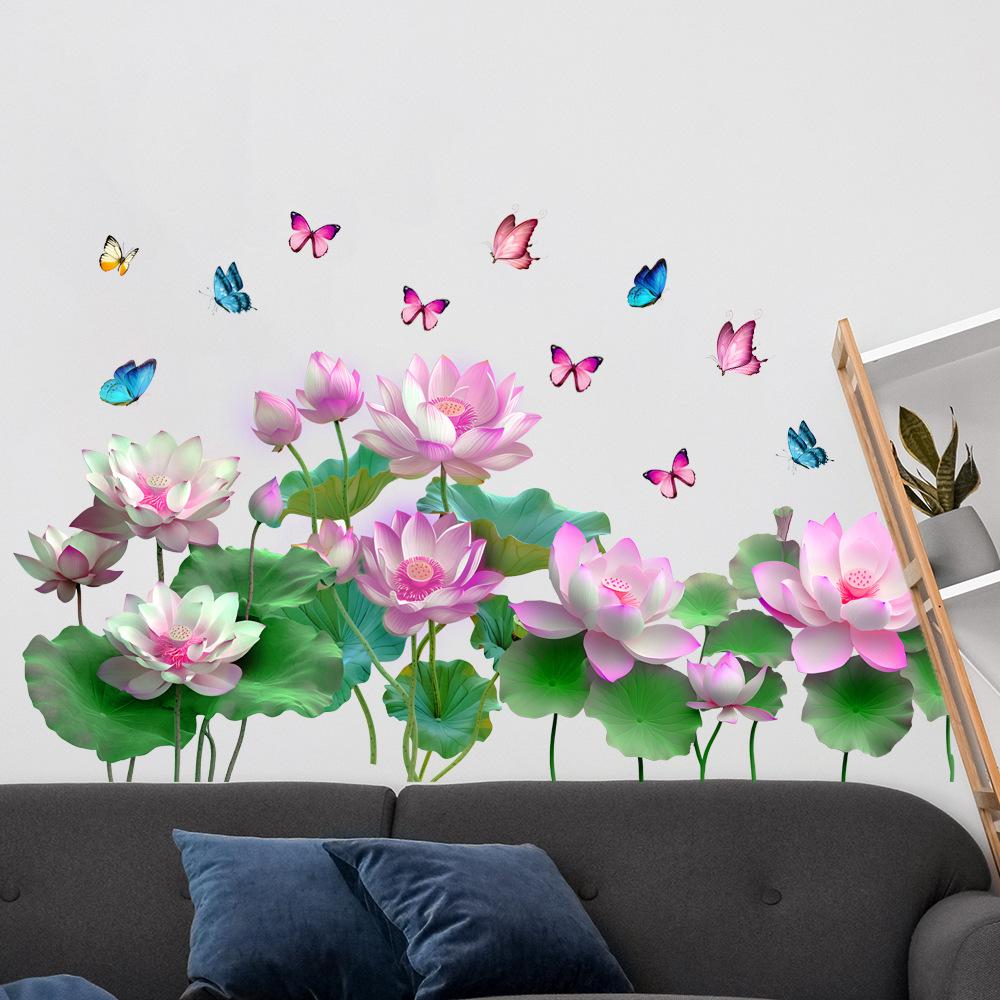 Self-Adhesive Waterproof Wall Sticker Lotus Lotus Leaf Butterfly Design for Living Room Bedroom Hallway Home Decoration