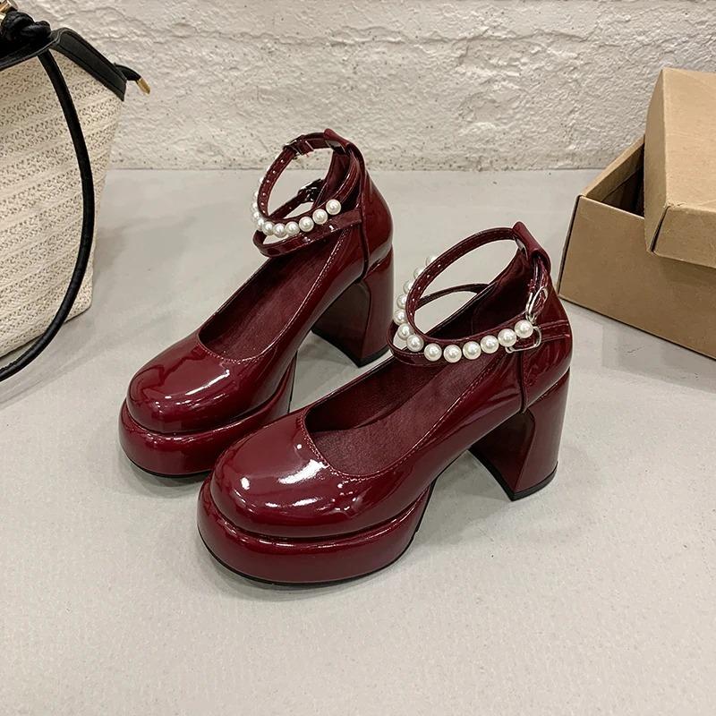 French Pearl Mary Jane Women's Round Toe Shallow Mouth One Buckle Strap Block Heel Platform Pumps