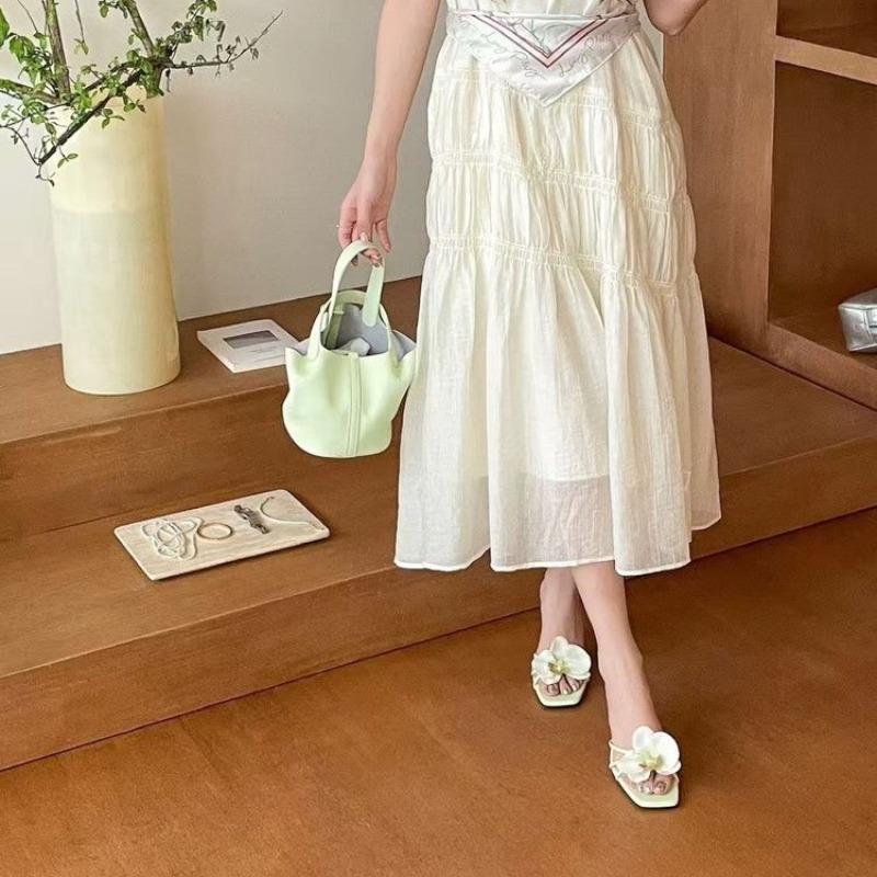Pink Fashion Flower Women Thin Heels Sandals Slides Shoes Female Square Toe Footwear Ladies High Heels Sandals Shoes Pumps