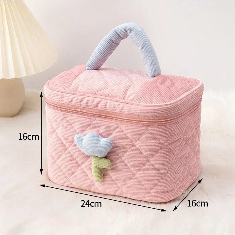 Ins Travel Cosmetic Bag Portable Tulip Makeup Pouch Corduroy Zipper Toiletry Organizer Large Capacity Storage Boxes Cases