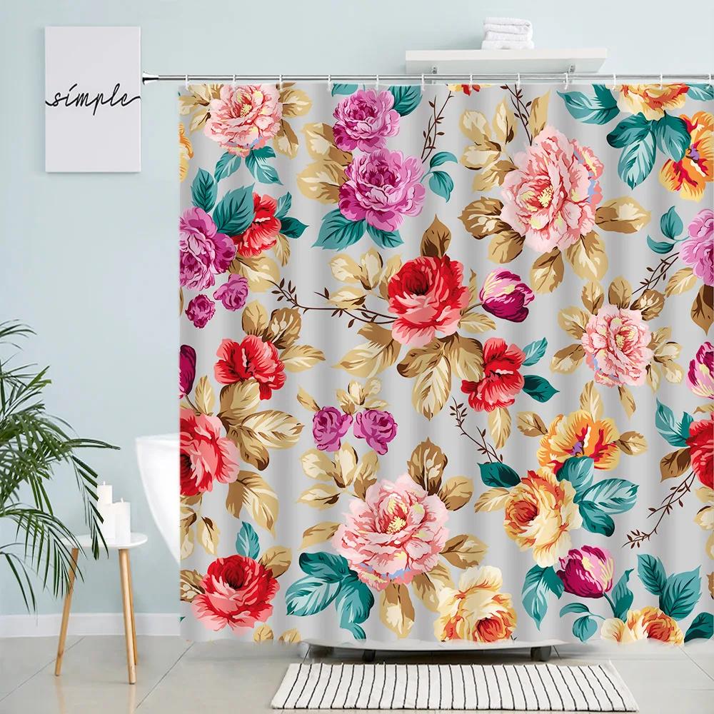 Floral Shower Curtains Pink Red Flowers Leaves Creative Design Printed Fabric Bath Curtain Modern Bathroom Decor Sets with Hooks