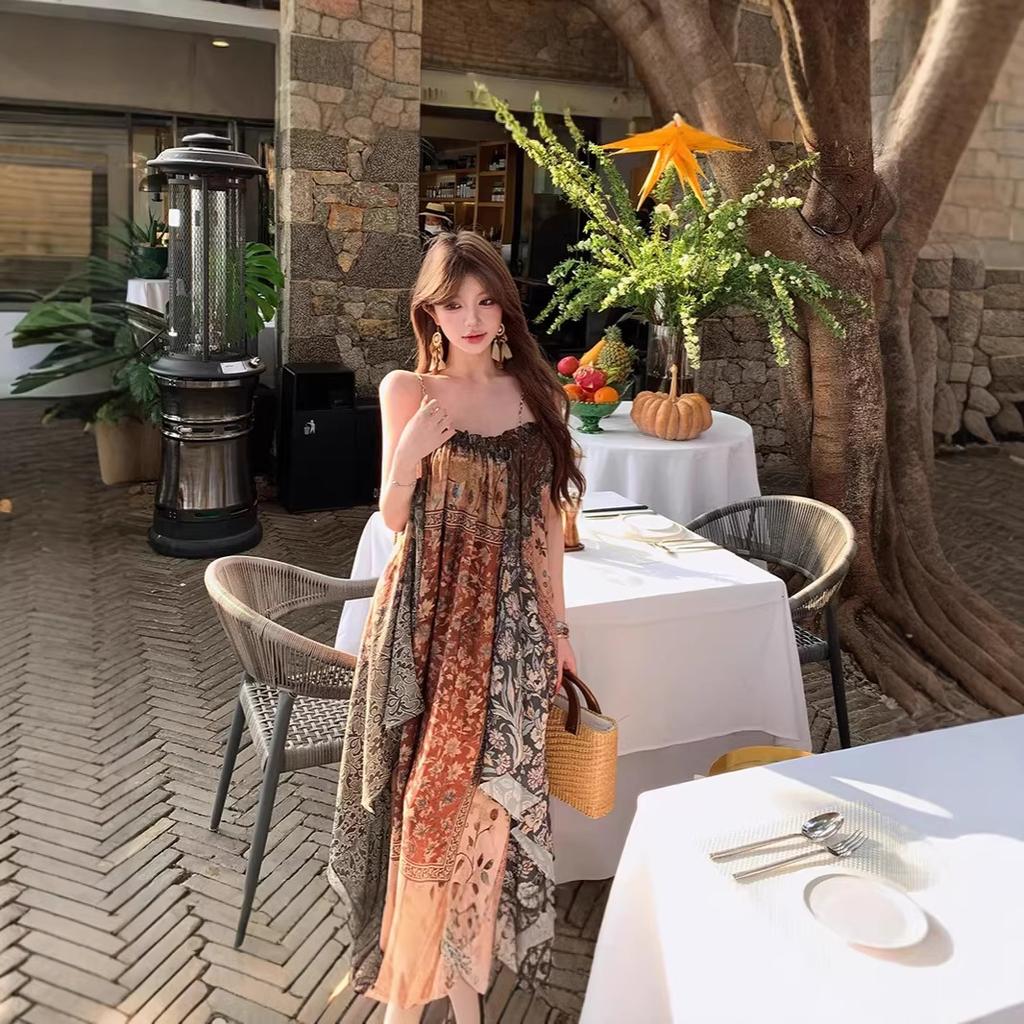 Positioned Print Loose Spaghetti Strap Dress for Women, Summer Bohemian Lazy Vacation Style