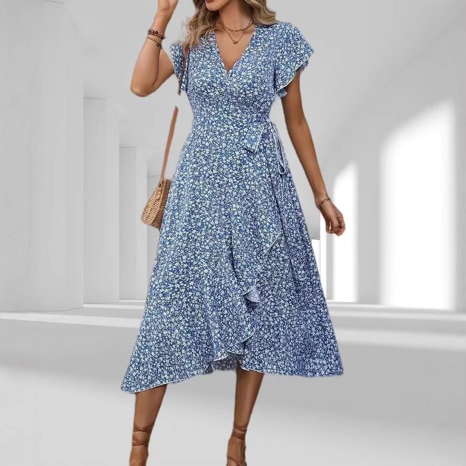Bohemian Floral V-Neck Short Sleeve Wrap Dress with Belt