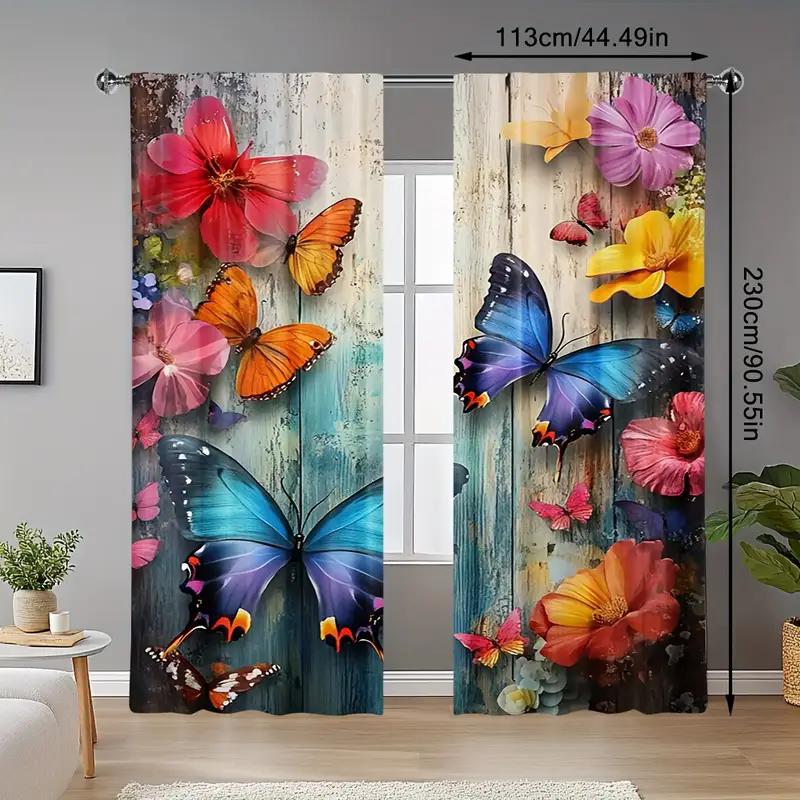 Vivid Butterfly Flower Printed Curtains Pole Bag Bedroom Living Room Home Decoration Set Of 2 Made Polyester Sitting Decor
