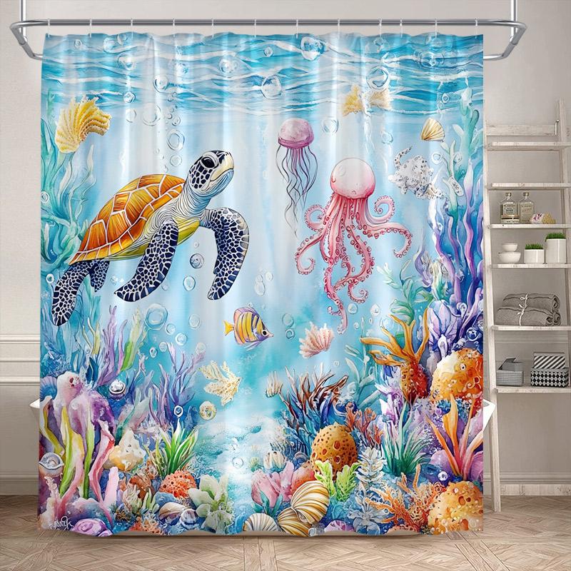 Ocean Animals Sea Turtle Shower Curtains Tropical Fish Coral Underwater Nature Scenery Child Bath Curtain Home Bathroom Decor