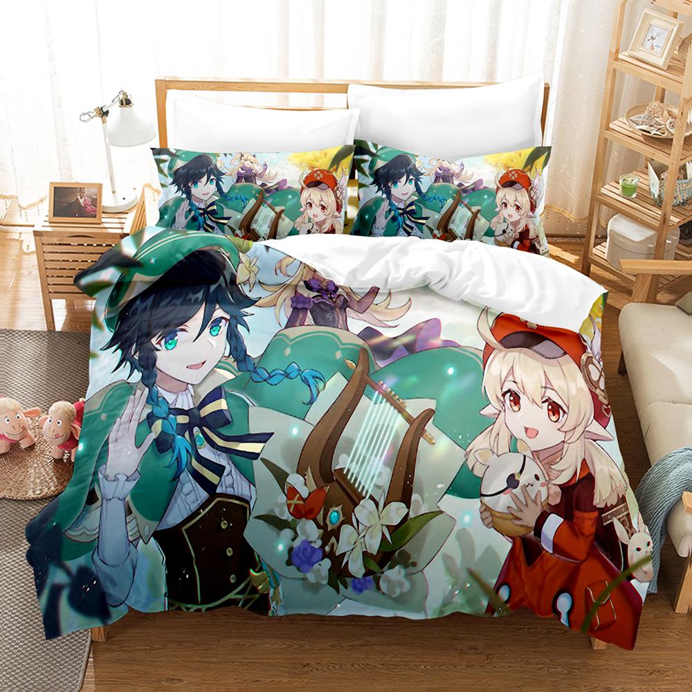 New 3D Digital Printed Games Genshin Impact ThreePiece Bedding Set With Winter Home Polyester Quilt Cover With Cartoon Pattern
