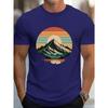 Men's Summer 100 Cotton Fashionable Sports Casual Loose Retro Snow Mountain Sunset Printed Round Neck Short Sleeved T-shirt Top