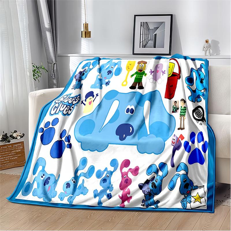 Blue Puppy In Green Nature Print Flannel Blanket, Kids Cartoon Dog Throw Blanket