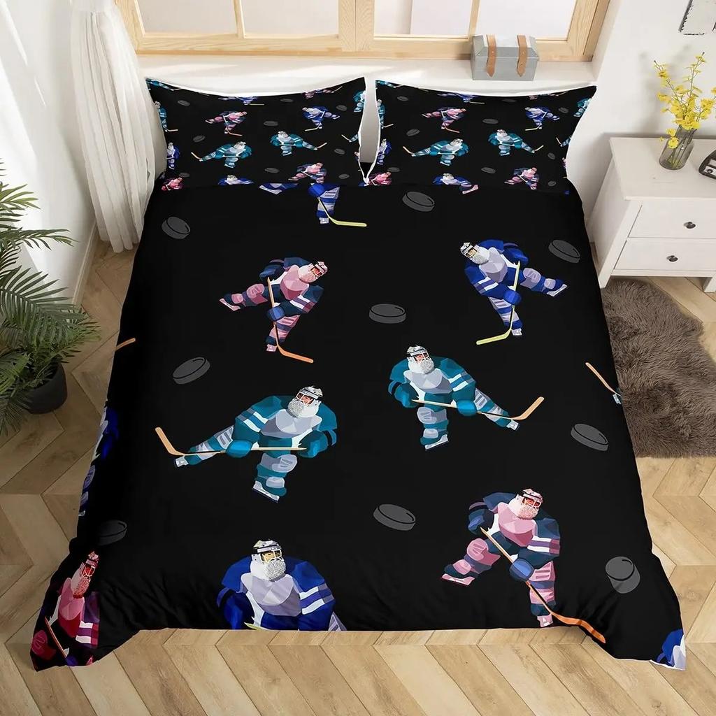 Ice Hockey Duvet Cover with Helmet Skates Design Winter Sports Bedding Set for Boys Hockey Player Quilt