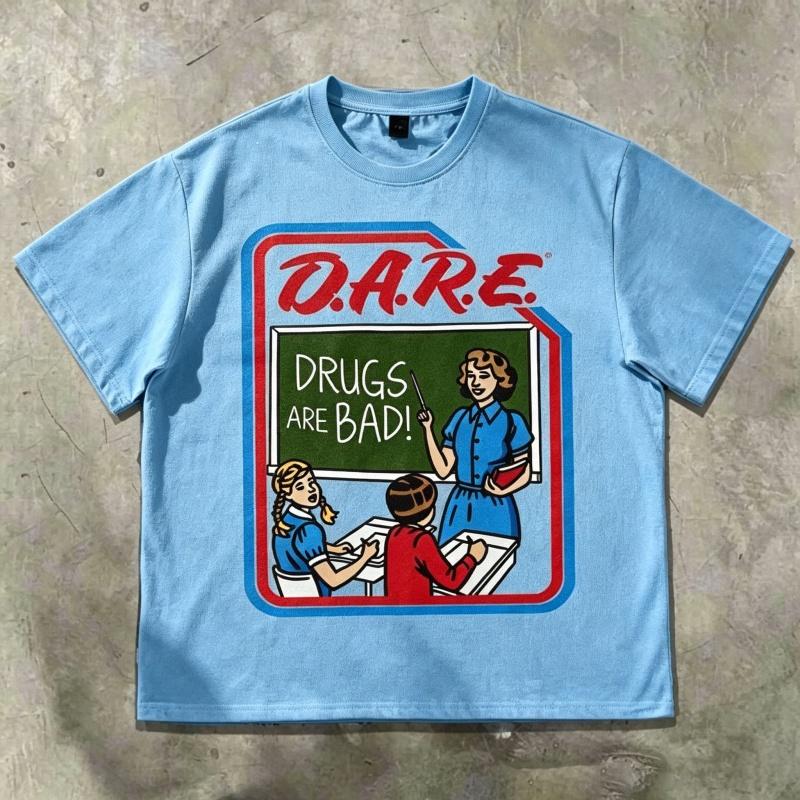 Heren T-shirt met retro DARE sloganprint, kortärmig T-shirt en Amerikaanse streetstyle ronde hals heren casual top