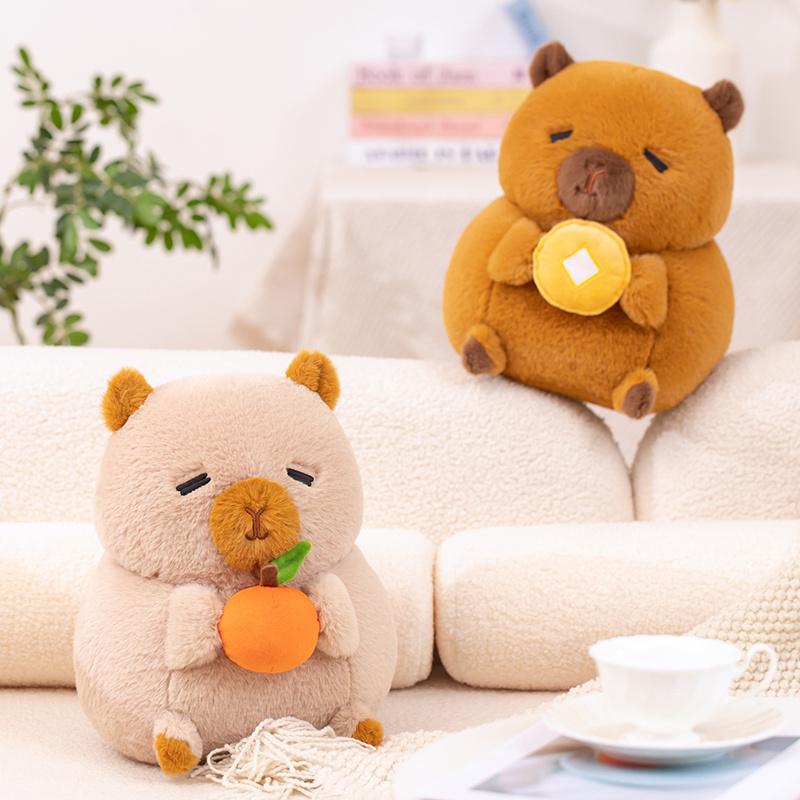 Kawaii Cartoon Capybara Hug Orange Duck Gold Coins Plush Doll Pillow Imaginative Play Capybara Plush Toy Home Decor