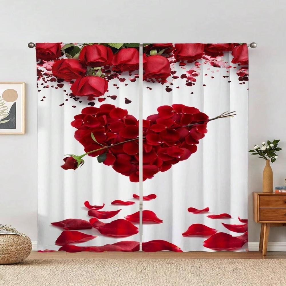 Set Of 2 Romantic Red Rose Heart Printed Curtains Love Themed Design Fabric Perfect Bedroom Living Room Windo Curtain Light Filtering Polyester Ideal
