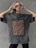 Tricou din bumbac spălat pentru femei, modă atitudine, topuri cu imprimeuri leopard, larg, cu gât O, supradimensionat, cu mânecă scurtă, haine Y2k pentru femei