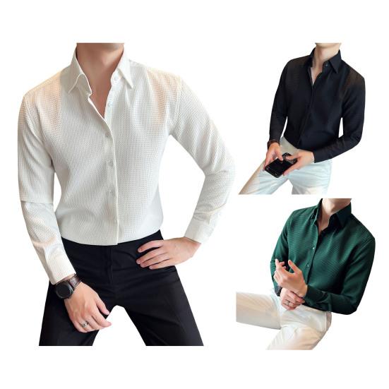 Spring Fall Shirt Frence Style Turn-down Collar Slim Fit Waffle Texture Single-breasted Pure Color Mid Length Young Formal Business Event Office Top