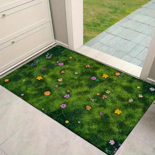Fresh Grass Green Background Small Flowers Scattered and Blooming Printed Floor Mat Room Decoration Mat Home Decoration Rugs