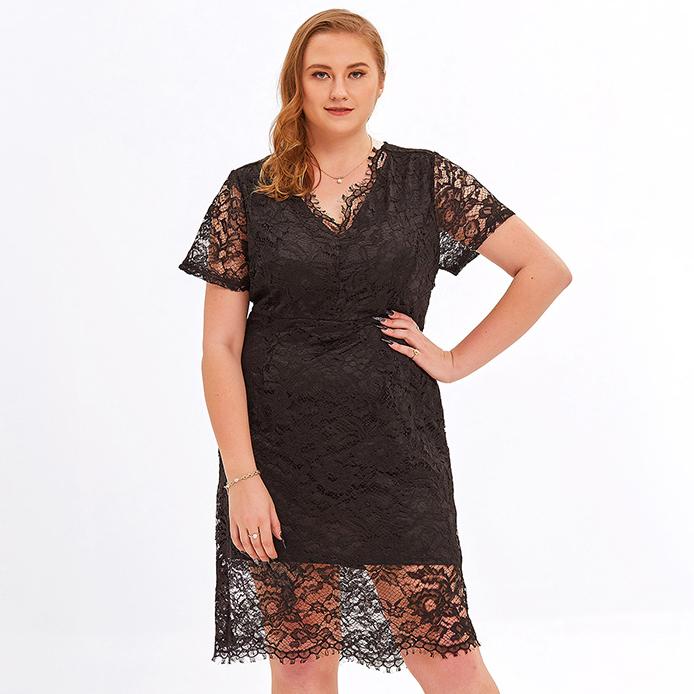 Women's Plus Size Relax Fit Shift Dress Floral Lace Scalloped V Neck Short Sleeve Midi Cocktail Party Wear Daily Work Office Occasion Outfits XL-4XL