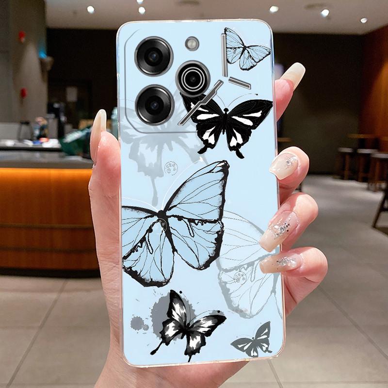 Phone Case For Tecno Pova 6 Pro 5G LI9 Case Tecno Pova 6 5G LI7 Back Cover Luxury Butterfly Flowers Transparent Soft TPU Casing