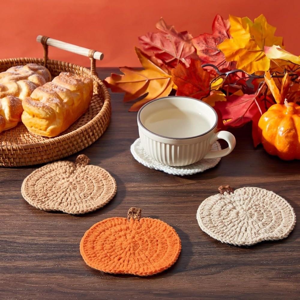 Crochet Pumpkin Coasters Handmade Coffee Mugs Mats Cute Knit Cup Mats Fall Table Decor