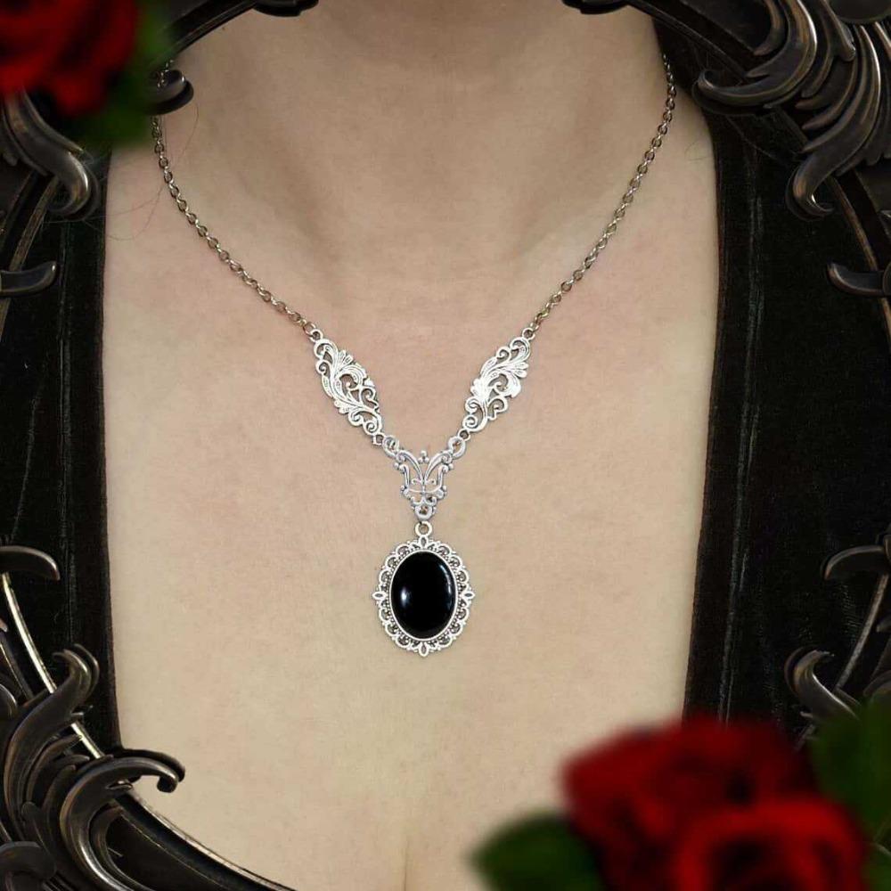 Victorian Gothic Filigree Engraving Edging Oval-shaped Gemstone Pendant Necklace for Women Halloween Party Jewelry Accessories