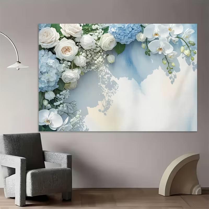 2D Blue and White Orchid and Rose Backdrop for Elegant Party Decoration