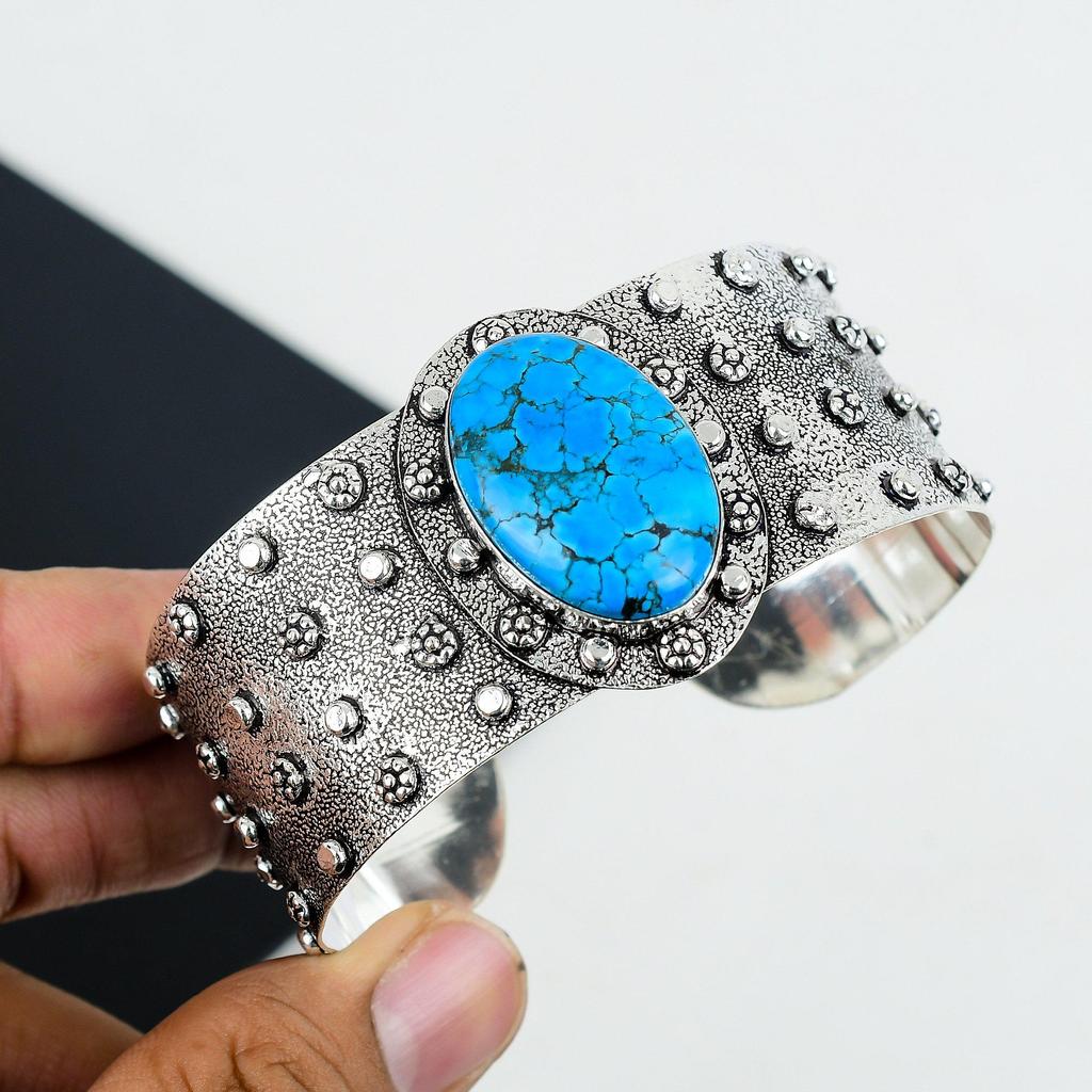 Natürlicher tibetischer Türkis Edelstein Handgefertigt 925 Sterlingsilber Armreif, Tibetischer Türkis Armreif, Für Ehefrau, Unisex Armreif, Geschenke für Mama