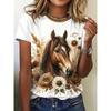 Fashion Animal Horse Print Short Sleeve Crew Neck Top Casual Loose T-Shirts Women’s