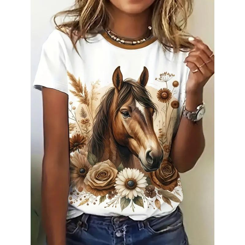 Fashion Animal Horse Print Short Sleeve Crew Neck Top Casual Loose T-Shirts Women’s