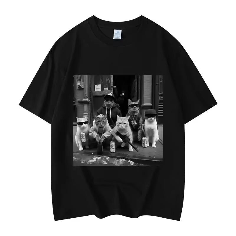 Mens and womens fashionable retro short sleeved Tshirt highquality oversized Tshirt fun cat help Meme pattern Tshirt