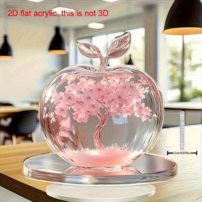 2D Flat Cherry Blossom Acrylic Desktop Decoration, Pink Flowers & Green Leaves, Home Decor Plaque Hanging Wall Art Decorative Garden Decoration for Ro