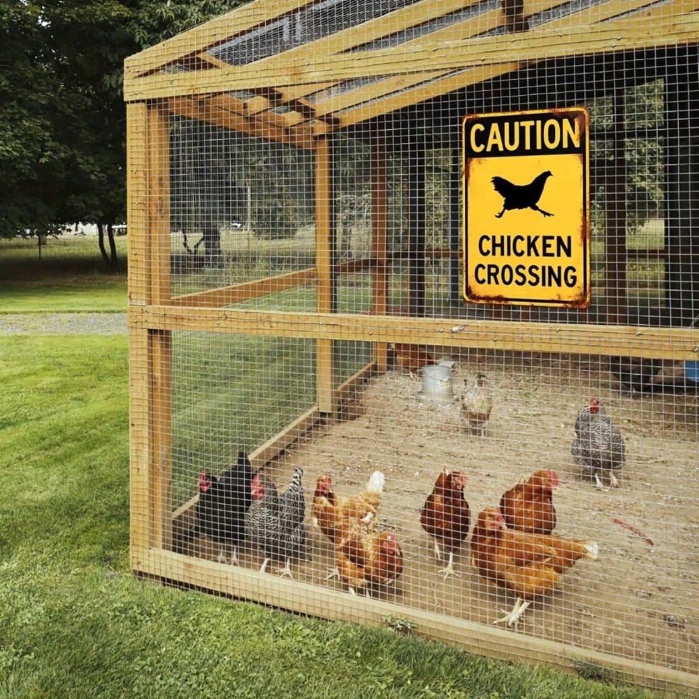 Vintage Metal Sign - Beware of Chickens Crossing, Rustic Yellow Black Tin Plaque, Waterproof 2D Wall Decor