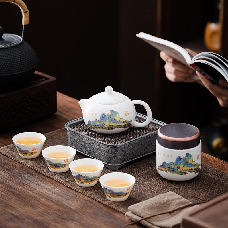White Porcelain Tea Set, Suet Jade Xishi Pot, Kung Fu Tea Set, High-end Gift Box, Business Companion Gift for Customers