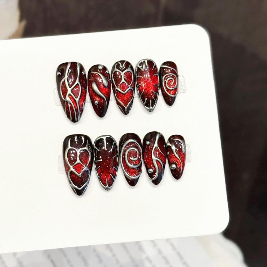 10Pcs Press On Nails Red Brown Almond 3D Heart Texture Matte Finish Reusable False Nails for Women