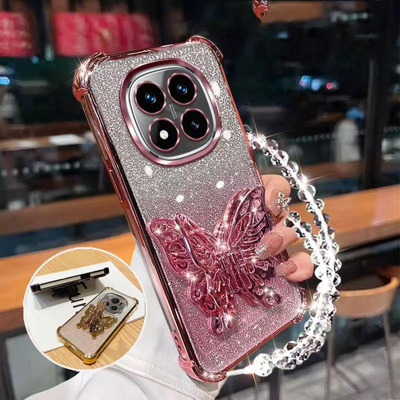 Schokbestendige Glitter Plating Hoes voor Xiaomi Redmi 15 15C Note 15 Note 14 Pro Plus 14C 4G 5G Vlinder Telefoonhouder Armband Cover