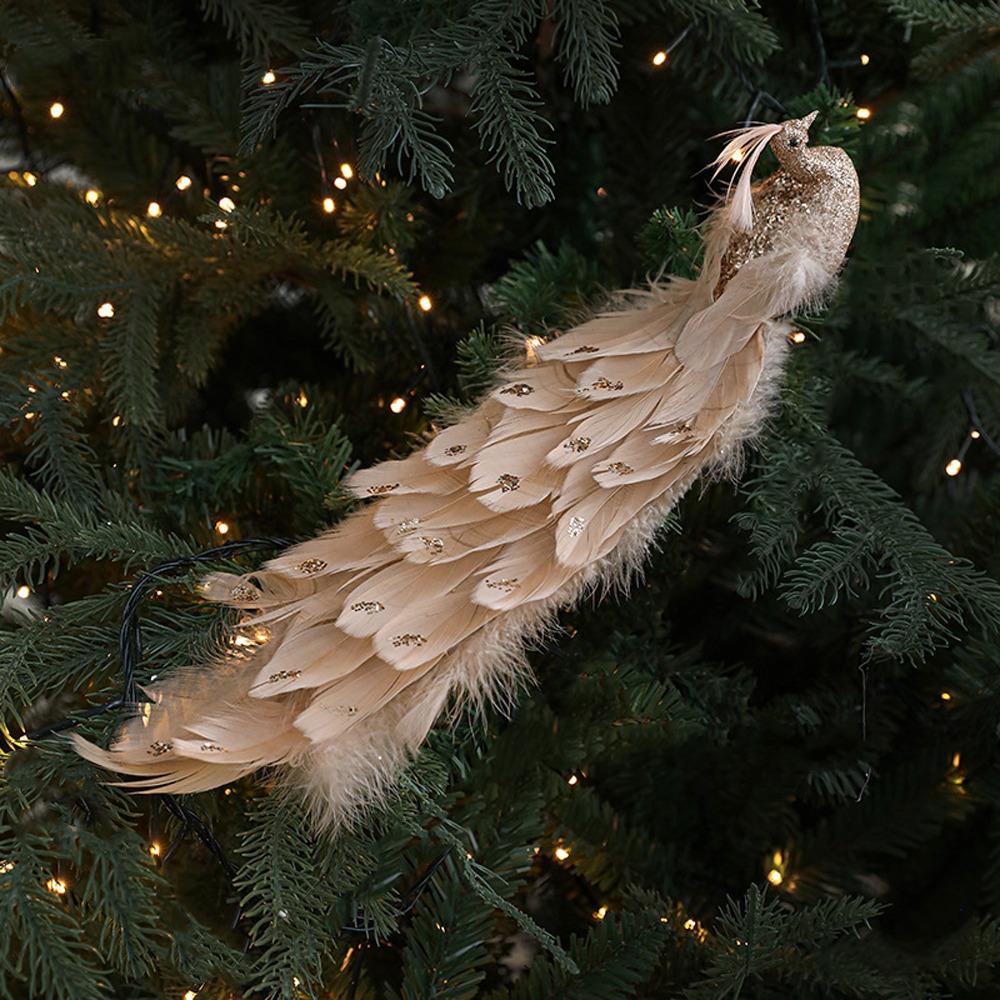 Colorful Artificial Christmas Peafowl Glitter Feather Long Tail Simulation Peacock Realistic Crafts with Clip