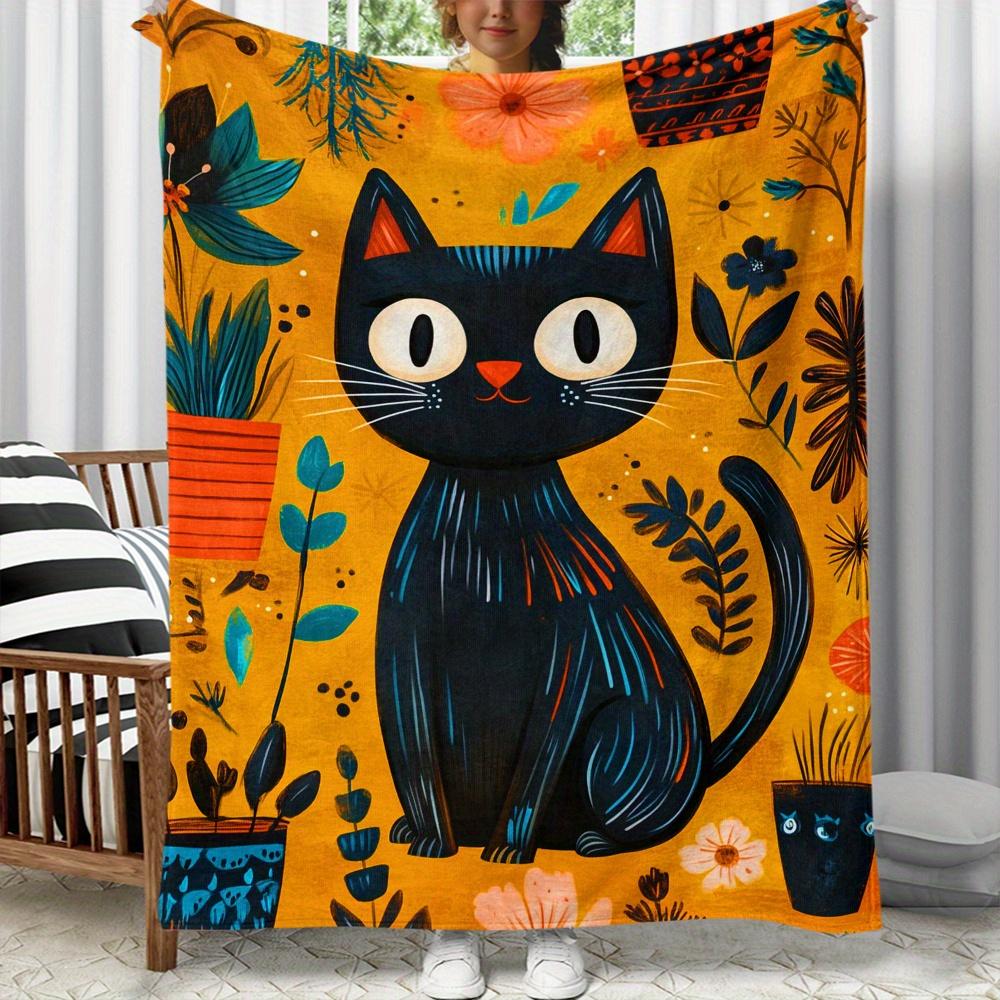 Black Cat with Floral Background Artistic Fleece Blanket Vibrant Yellow Orange Pattern Soft Plush Throw Blanket for Home Decor
