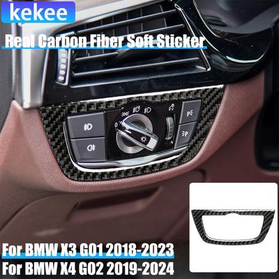 Real Carbon Fiber Car Accessories Headlight Switch Frame Decorative Cover Soft Sticker For BMW X3 G01 2018- X4 G02 -2024