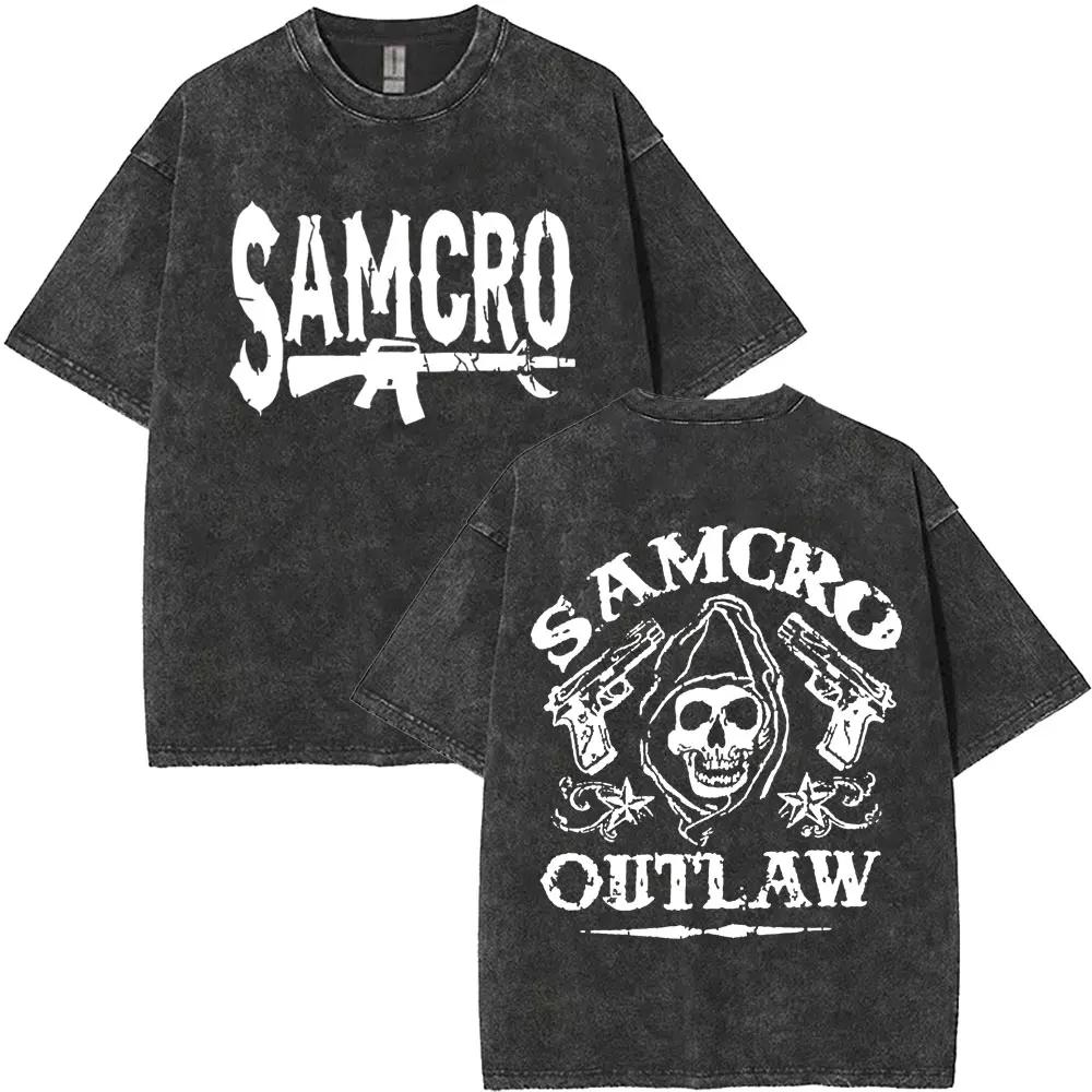 Hot Limited Anarchy Son Samcro Graphic Print Vintage Washed T-shirt Men Women Streetwear Skeleton Hip Hop Rock Casual Short Sleeve Loose Oversized Top