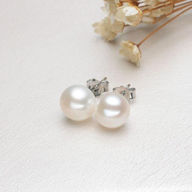 Boho White Pink Pearl Earrings Cute Female 6/8/10mm Round Stud Earrings 100% Real 925 Sterling Silver Earrings For Women Wedding