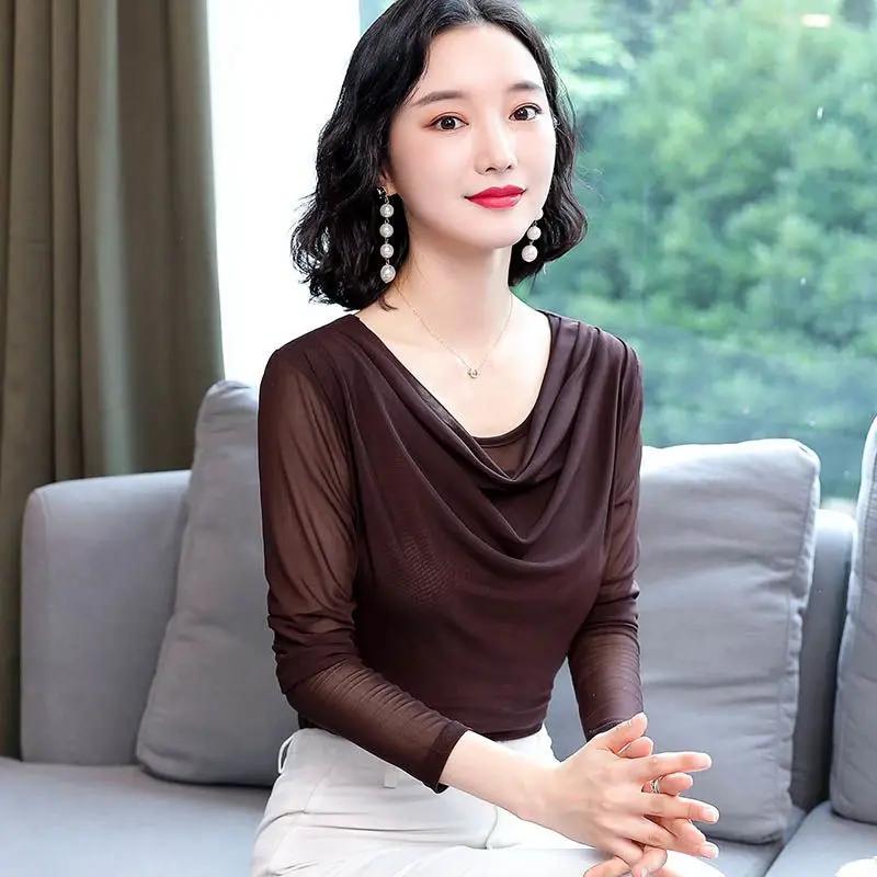 T-shirt Women's Long-sleeved Fashionable Base Shirt New Autumn and Winter Mesh Large-size Top Temperament