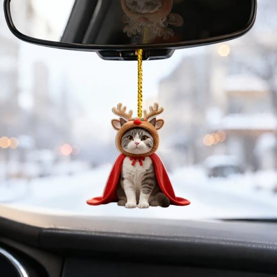 Small Cute Decorations for Windows Cat Christmas Ornament, 2D Flat Cartoon Acrylic Kitten Wearing Cape And Lightweight Decor Hat Hanging Decoration